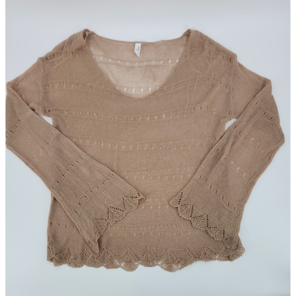 L Love Tan Open Knit Scoop Neck Bell Sleeve Scalloped Trim Sweater 90s Grunge MD